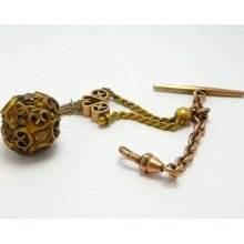 Vintage Victorian Gold Filled Pocket watch Chain with Etruscan Ball Fob