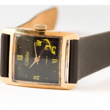 Vintage women's watch gold plated wristwatch black face watch yellow flower rare watch Soviet accessory women