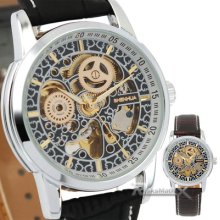 Vogue Self-wind Skeleton S/steel Case Pu Leather Men Lady Mechanical Sport Watch