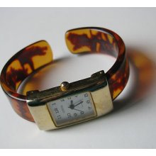 Vtg Tortoise Shell Pattern Plastic Band Gold Tone Geneva Ladies Womens Watch 227