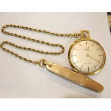 Waltham 17 Jewel Gold Pocket Watch W/ Chain And Knife - Working - Swiss Made