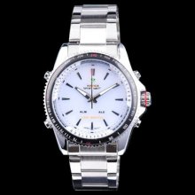 Weide Mens Sport White Dial Silver Steel Digital Led Quartz Wrist Watch