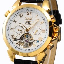 White Dial Mens Auto Automatic Mechanical Tourbillion Gold Case Date Black Watch