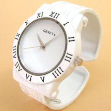 WHITE Geneva Designer Style Women's Bangle Cuff WATCH - White - Metal