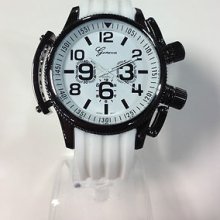 White Rubber Mens Geneva Big Numbers Screw Style Watch X Large 8036