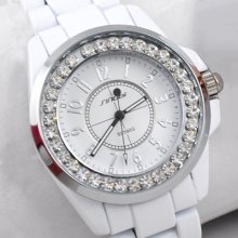 White Stainless Steel Bling Diamonds Quartz Womens Big Size Elegant Watch