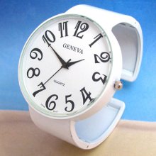 White Supersize Face Metal Band Women's Geneva Bangle Cuff Watch