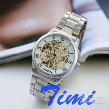Wilon Mens Stainless Steel Mechanical Skeleton Watch Sliver