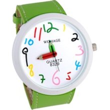 WOMAGE Number Dial Pencil Hands Women's Analog Watch (Green)
