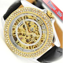Women Automatic Watch Golden Skeleton Crystal Xmas Gift