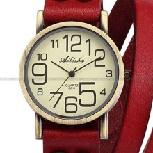 Women Lady Korea Style Red Bracelet Leather Strap Quartz Wrist Watch Dailyetrade