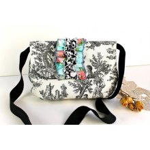 Women's Shoulder Bag with Long Strap - Black and White Toile