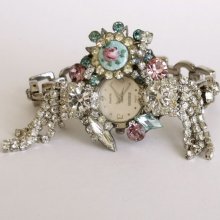 Works.. Retro Rumours ladies watch handpainted ROSE rhinestones revamped 80's