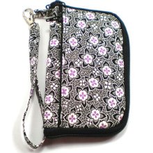 Wrap Around Zipper Gadget Cell Phone Case Wristlet Black White and Purple Flowers