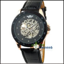 Wrist Watch Black Automatic Mechanical Leather Hollow Men Luxury Fashion