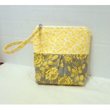 wristlet or clutch pleated in gray yellow roses with yellow floral lining full zipper with strap
