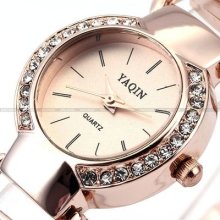 Yaqin Trendy Bling Crystal Lady Girl Slim Rose Gold Bracelet Quartz Analog Watch