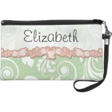 Your Name Venetian Damask Green White Pink Wristlet Purse