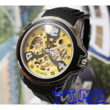2012 New Yellow Dial Auto Skeleton Mechanical Mens Watch Rubber Free