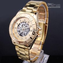 4pcs Watches N7449 Men Skeleton Golden Dial Gold Crystal Index Stain