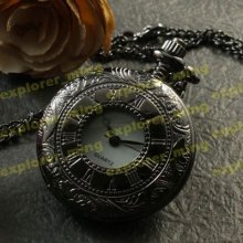 All Shiny Black Classic Roman Numerals Open Case See Thru Quartz Pocket Watch 18