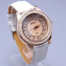 Amazing Gift White Leather Strap Fashion Crystal Case Womens Quartz Wrist Watch
