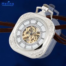 &square Hide Rope Silver Tone White Dail Skeleton Hollow Mechanical Pocket Watch