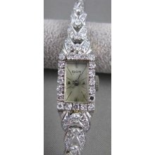 Antique 2ctw Old Euro Mine Cut Diamond 14kt White Gold Elgin Watch 7