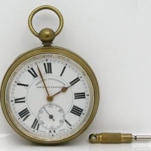 Antique Brass Railway Timekeeper Pocket Watch, Specially Examined, W/ Key