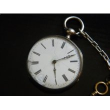 â€  Antique Mens Benson J W Sterling Silver 0.800 Case Pocket Watch W Chain & Key