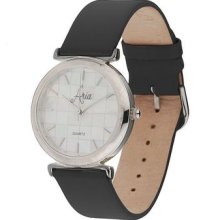 Aria Sterling Mother Of Pearl Mosaic Face Black Leather Strap Watch $220
