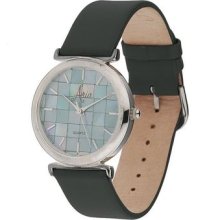 Aria Sterling Mother Of Pearl Mosaic Face Green Leather Strap Watch $220