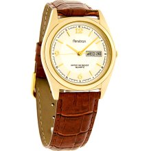 Armitron Quartz Mens Silver Day/Date Gold Tone Brown Leather Band Dress Watch