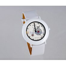 ASTINA 687 Women's Handcart Design Round White-Tone Case White Leather Strap Analog Watch with Diamonds