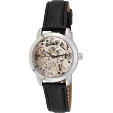 August Steiner Watches Women's Silver Tone Skeletonized Dial Black Lea