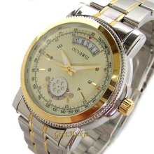 Beige Dial Top Date Automatic Mechanical Mens Steel Strap Watch
