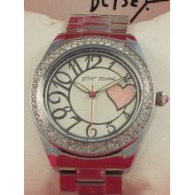 Betsey Johnson Silver Pink Heart Crystal Bling Time Boyfriend Watch Bj00048-13