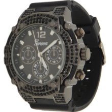 Black Hard Rubber Band With Crystals Men's Or Women's Geneva Watch