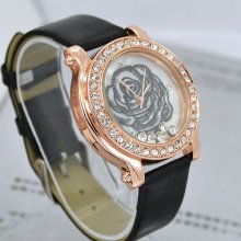 Black Leather Quartz Rhinestone Rose Flower Wrist Watch Women Girls Analog Watch