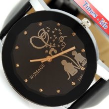 Black Lovely Carving Design Crystal Time Women Lady Watch Quartz Gift