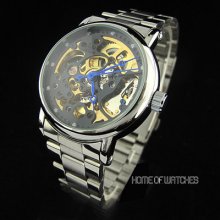 Black Partly Transparent Dial Stainless Steel Band Automatic Mechanical Watch