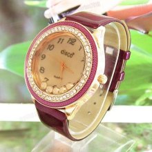 Bling Crystal Quartz Purple Leather Ladies Stylish Wrist Watch Golden Dial M639p