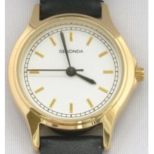 Boxed Ladies' Sekonda Gold Tone Watch White Face Black Leather Strap