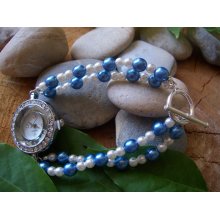 Bracelet watch charm - 'Lauryn' - Quartz watch, with glass pearls and sterling silver toggle