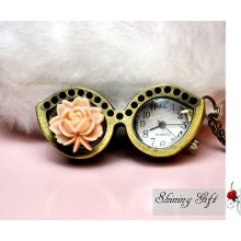 Brass antique bronze glasses pocket watch necklace with resin rose