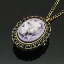 Bronze Purple Butterfly Flower Pocket Watch Necklace Pendant Girl Women P63
