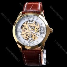 Brown Leather Rhinestones Numerals Dial Auto Skeleton Mechanical Wrist Watch