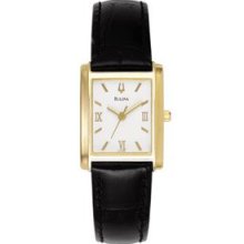 Bulova Ladies Gold Rectangle Watch W/ Black Leather Strap