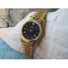 Bulova Ladies Watch, Black Faced Diamond Quartz Watch, Gold Sport Watch, Sweep Second Hand