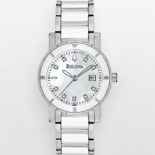 Bulova Stainless Steel & White Ceramic Diamond Accent &